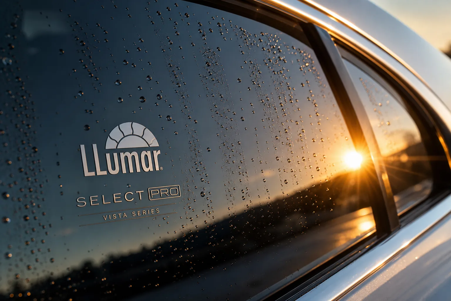 LLumar cam filmi — optik doku ve su damlaları makro çekim