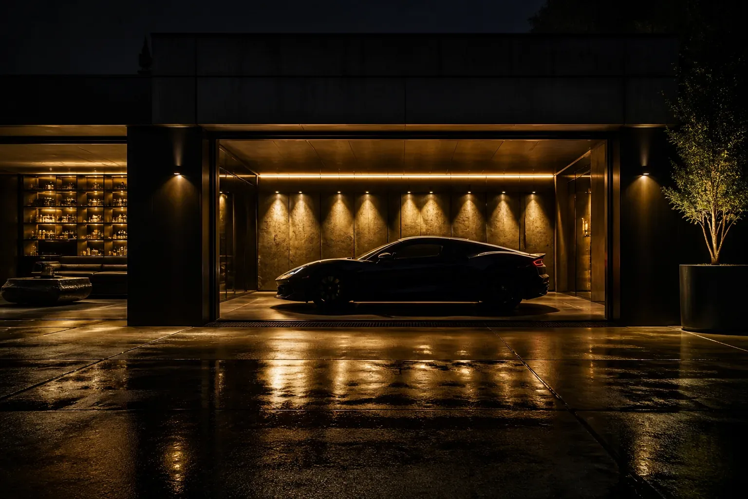Siyah Porsche — gece garaj vitrin silueti